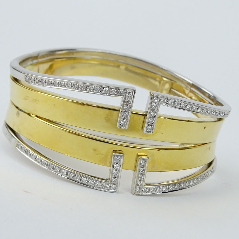 Vintage Italian Round Brilliant Cut Diamond and 14 Karat Yellow and White Gold Hinged Cuff Bangle and Two (2) Ring Suite.