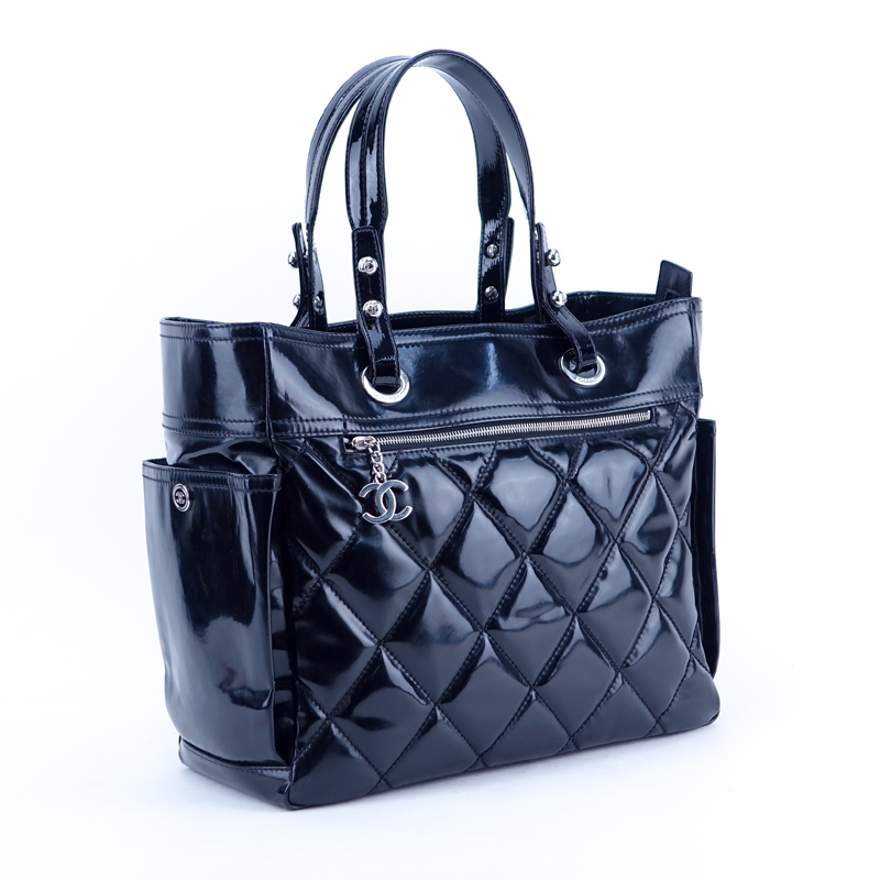 Chanel Black Patent Leather Quilted Large Tote. Silver-tone hardware.