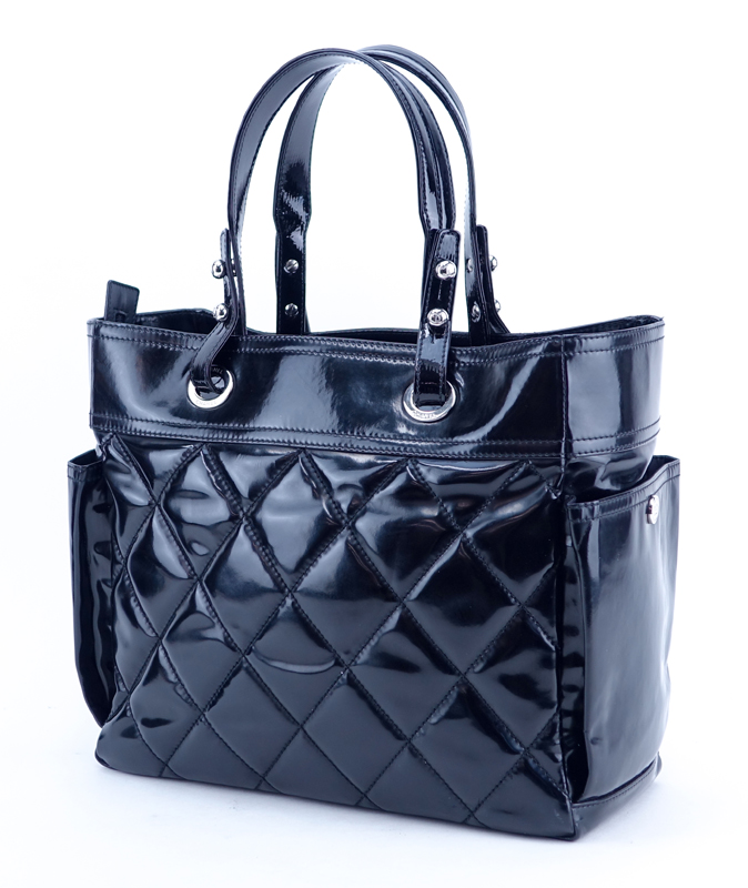 Chanel Black Patent Leather Quilted Large Tote. Silver-tone hardware.