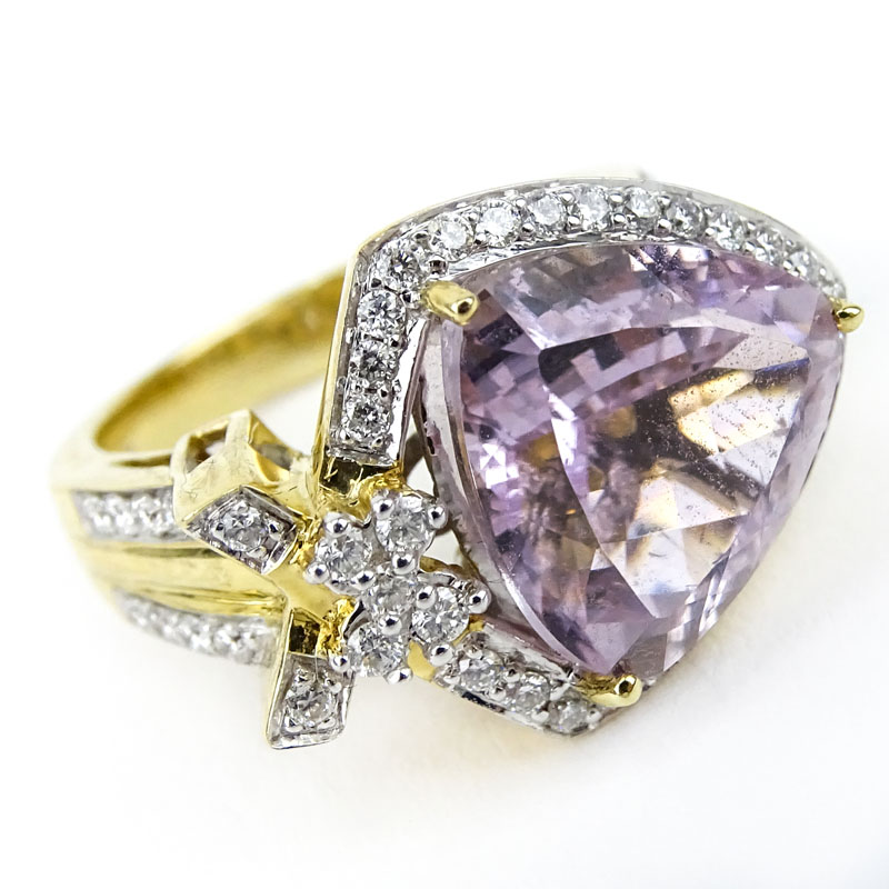 Approx. 2.0 Carat Pave Set Round Brilliant Cut Diamond, Bezel Set Trillion Cut Morganite Center Stone, 14 Karat Yellow Gold Ring. 