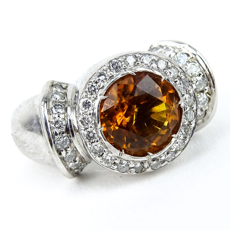 Vintage 18 Karat White Gold, High Quality Citrine, Pave Set Round Micro Brilliant Cut Diamond Ring. 