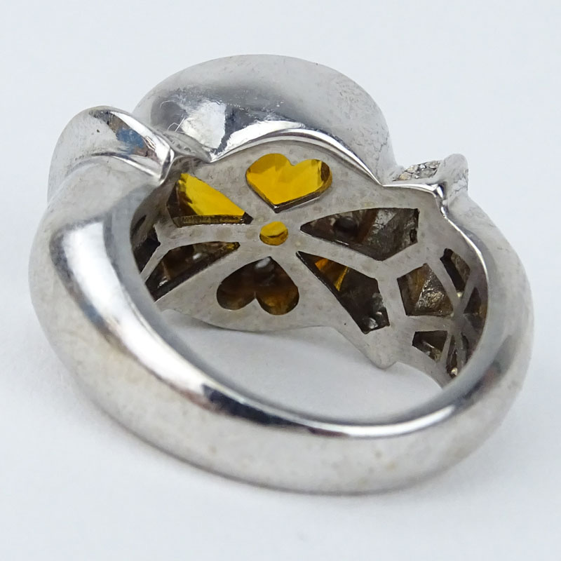 Vintage 18 Karat White Gold, High Quality Citrine, Pave Set Round Micro Brilliant Cut Diamond Ring. 