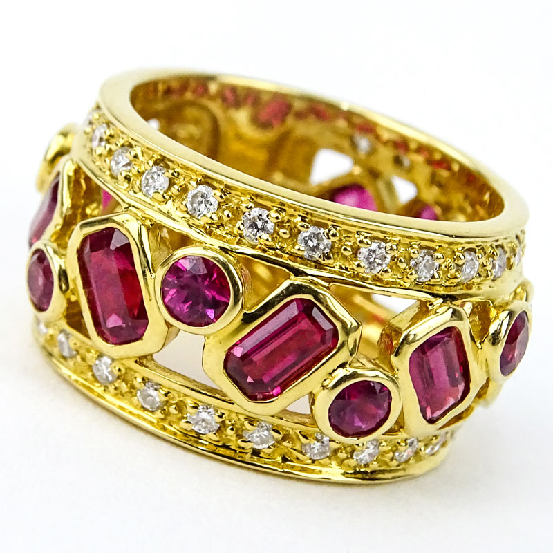 Sonia Bitton 14 Karat Yellow Gold, Diamond, High Quality Round and Baguette Cut Ruby Ring. 