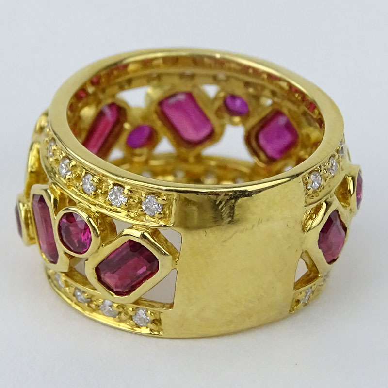 Sonia Bitton 14 Karat Yellow Gold, Diamond, High Quality Round and Baguette Cut Ruby Ring. 