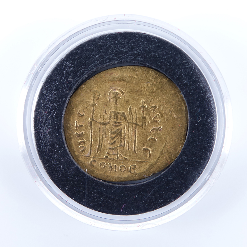 Byzantine Empire: Emperor Flavius Phocas Augustus (A.D. 602-610) Gold Solidus in Plastic Display.