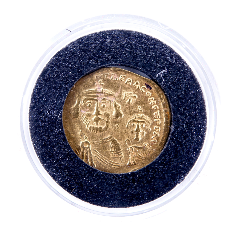 Byzantine Empire: Constans II with Constantine IV (A.D. 654-668) Gold Solidus in Plastic Display.