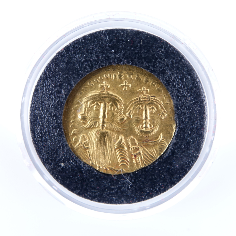 Byzantine Empire: Constans II with Constantine IV (A.D. 654-668) Gold Solidus in Plastic Display.