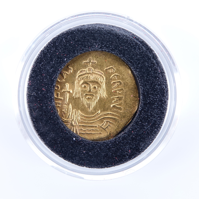 Byzantine Empire: Emperor Flavius Phocas Augustus (A.D. 602-610) Gold Solidus in Plastic Display.