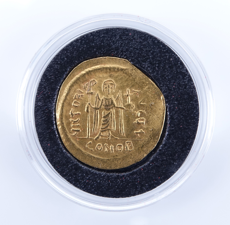 Byzantine Empire: Emperor Flavius Phocas Augustus (A.D. 602-610) Gold Solidus in Plastic Display.