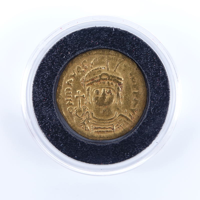 Byzantine Empire: Maurice Tiberius (A.D. 582-602) Gold Solidus in Plastic Display.