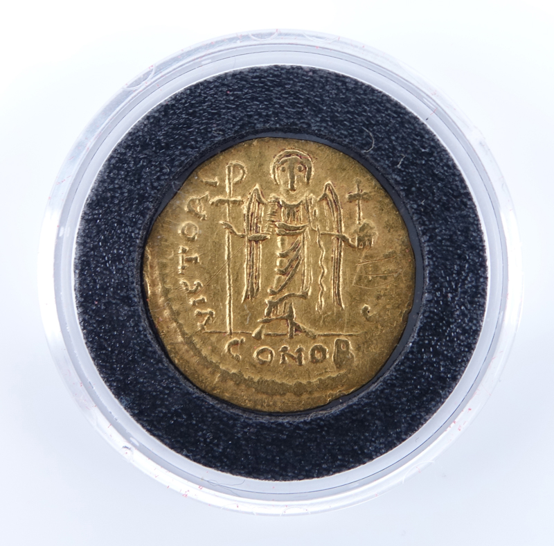 Byzantine Empire: Maurice Tiberius (A.D. 582-602) Gold Solidus in Plastic Display.