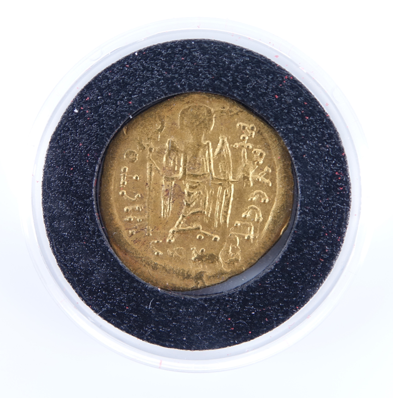 Byzantine Empire: Maurice Tiberius (A.D. 582-602) Gold Solidus in Plastic Display.