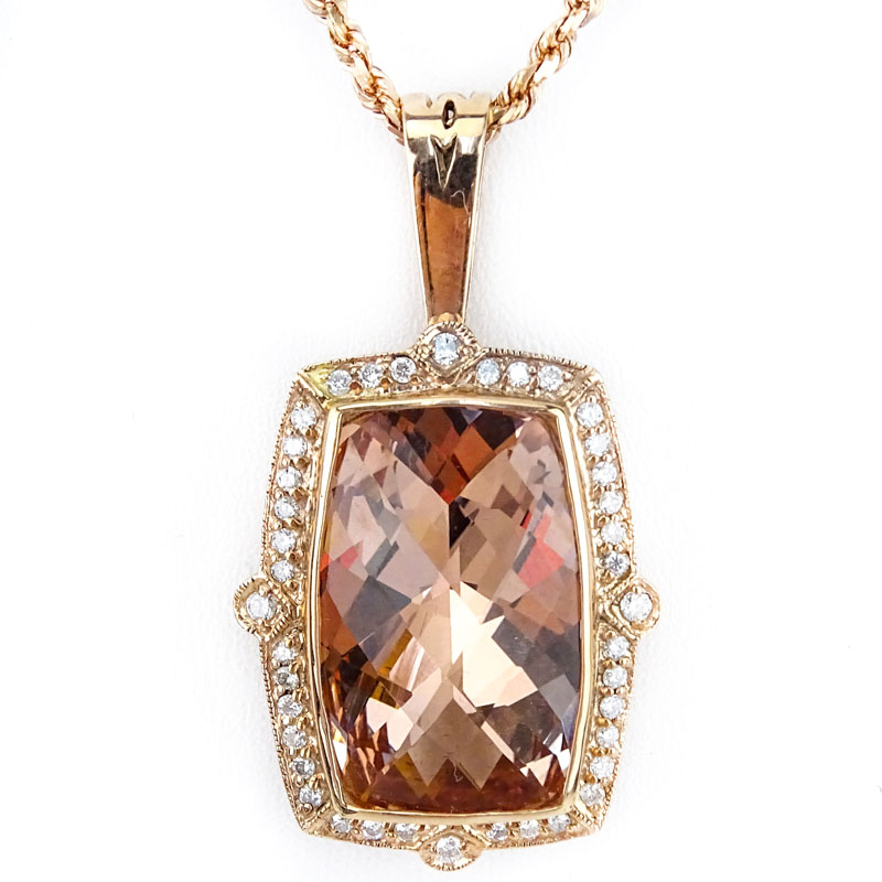 Large Rectangular Criss Cross Cut Morganite, Round Brilliant Cut Diamond and 14 Karat Pink Gold Pendant Necklace. 