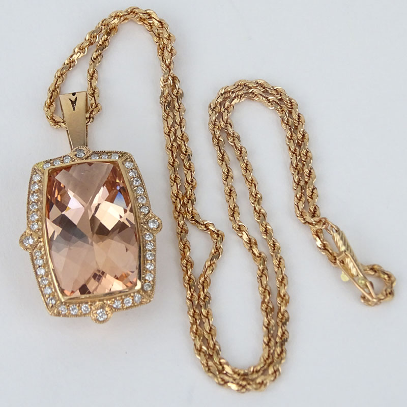 Large Rectangular Criss Cross Cut Morganite, Round Brilliant Cut Diamond and 14 Karat Pink Gold Pendant Necklace. 