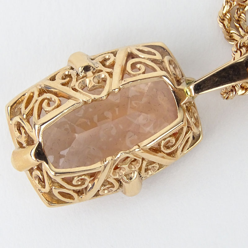 Large Rectangular Criss Cross Cut Morganite, Round Brilliant Cut Diamond and 14 Karat Pink Gold Pendant Necklace. 