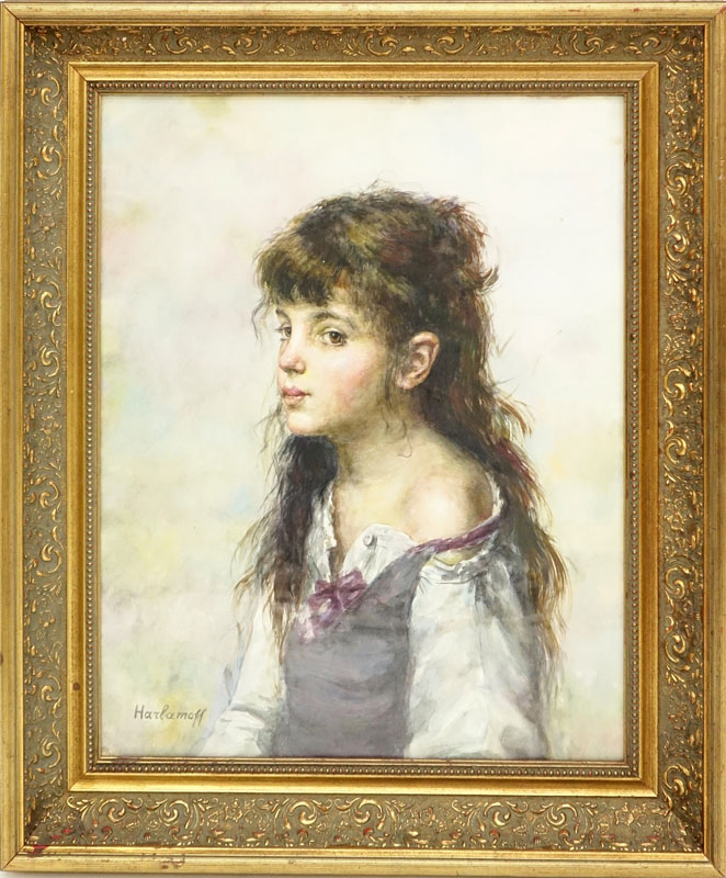 Attributed to: Alexej Alexejewitsch Harlamoff, Russian (1840-1925) Watercolor, Portrait of Young Girl. 