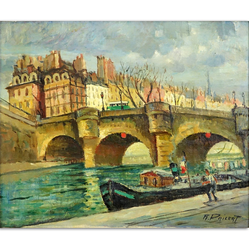 Raphael Pricert, French  (1903 - 1967) Oil on Canvas "Sur la Seine" Signed Lower Right. 