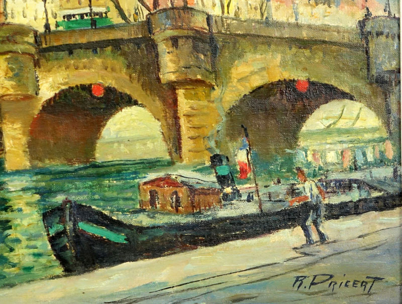 Raphael Pricert, French  (1903 - 1967) Oil on Canvas "Sur la Seine" Signed Lower Right. 