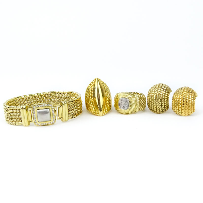 Vintage 14 Karat Yellow Gold Bracelet with Approx. 1.0 Carat Diamond Accent Clasp, Earrings, and Rings Suite.