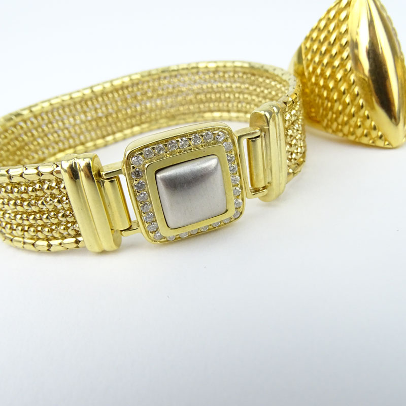 Vintage 14 Karat Yellow Gold Bracelet with Approx. 1.0 Carat Diamond Accent Clasp, Earrings, and Rings Suite.