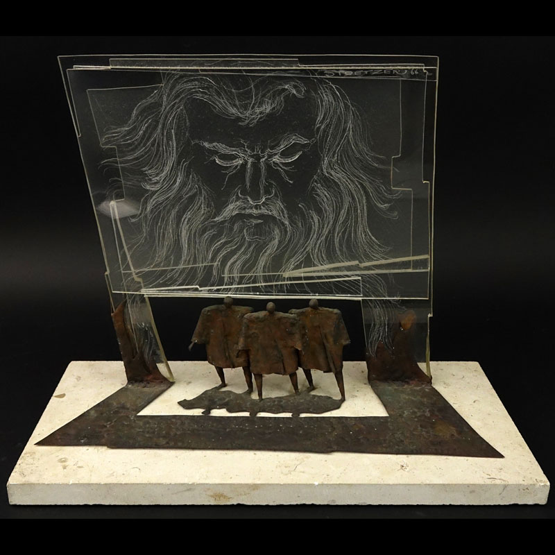 Robert Stoetzer, American (b 1938) Metal and Lucite "Moses" Sculpture on Stone Base. 