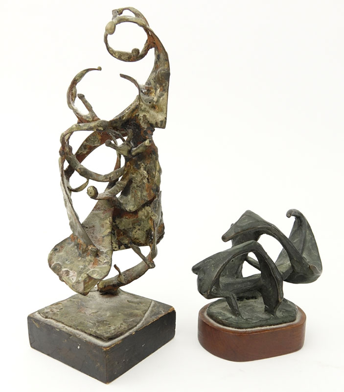 Grouping of Two (2) Mid Century Abstract Bronze and Metal Sculptures on Wooden Base.