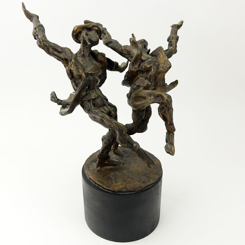 Laura Goodman, American (1910-2004) Mid Century Modern Bronze Sculpture, "Hassidic Dance" on Wooden Base. 