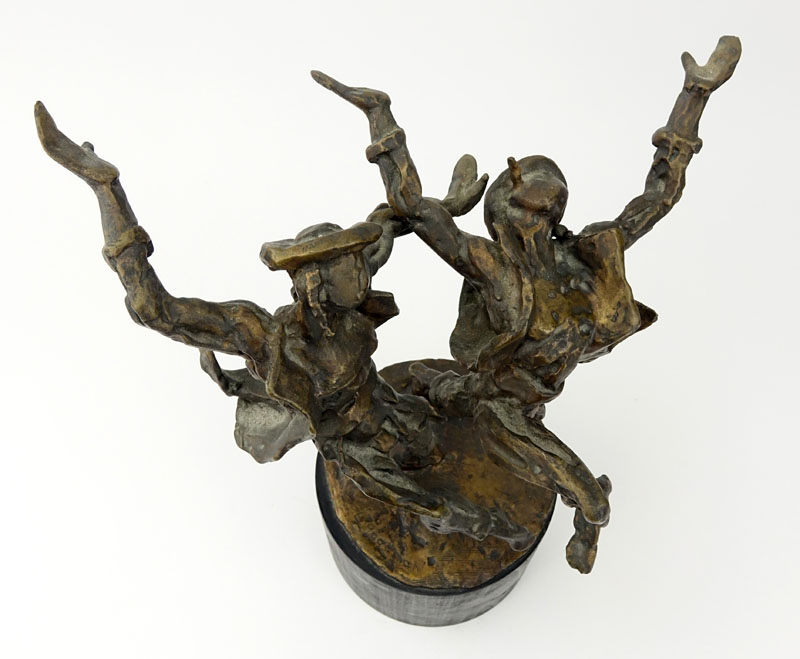 Laura Goodman, American (1910-2004) Mid Century Modern Bronze Sculpture, "Hassidic Dance" on Wooden Base. 