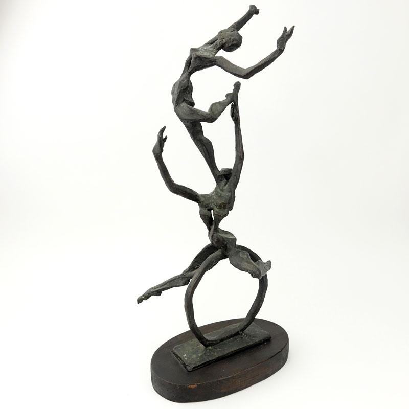 Laura Goodman, American (1910-2004) Mid Century Modern Bronze Sculpture, "The Cyclist" on Wooden Base. 