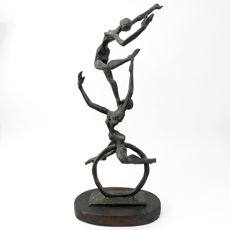 Laura Goodman, American (1910-2004) Mid Century Modern Bronze Sculpture, "The Cyclist" on Wooden Base. 