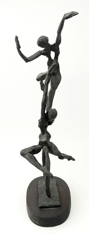 Laura Goodman, American (1910-2004) Mid Century Modern Bronze Sculpture, "The Cyclist" on Wooden Base. 