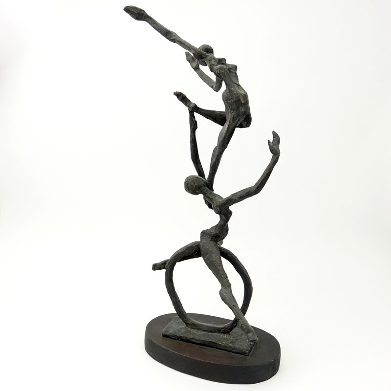 Laura Goodman, American (1910-2004) Mid Century Modern Bronze Sculpture, "The Cyclist" on Wooden Base. 