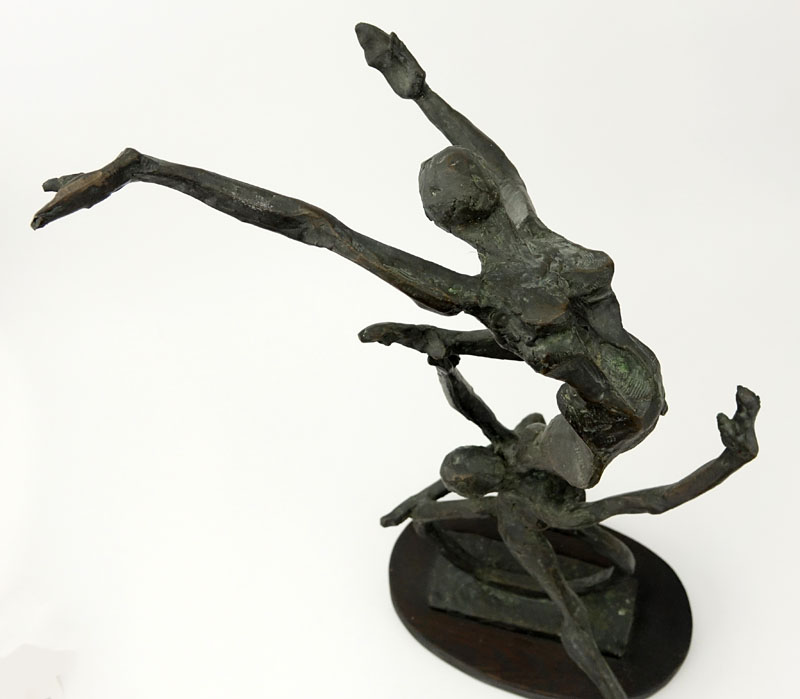 Laura Goodman, American (1910-2004) Mid Century Modern Bronze Sculpture, "The Cyclist" on Wooden Base. 