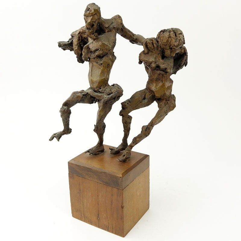 Laura Goodman, American (1910-2004) Mid Century Modern Bronze Sculpture of Two Figures on Wooden Base. 