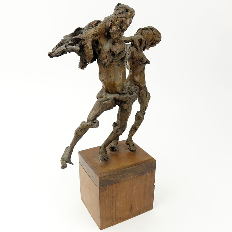 Laura Goodman, American (1910-2004) Mid Century Modern Bronze Sculpture of Two Figures on Wooden Base. 