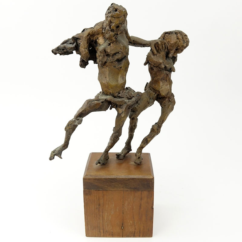 Laura Goodman, American (1910-2004) Mid Century Modern Bronze Sculpture of Two Figures on Wooden Base. 