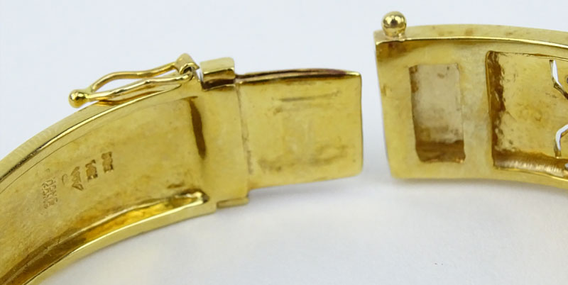 Finely Made Pave Set Diamond, South Sea Pearl and 18 Karat Yellow Gold Hinged Bangle Bracelet. 