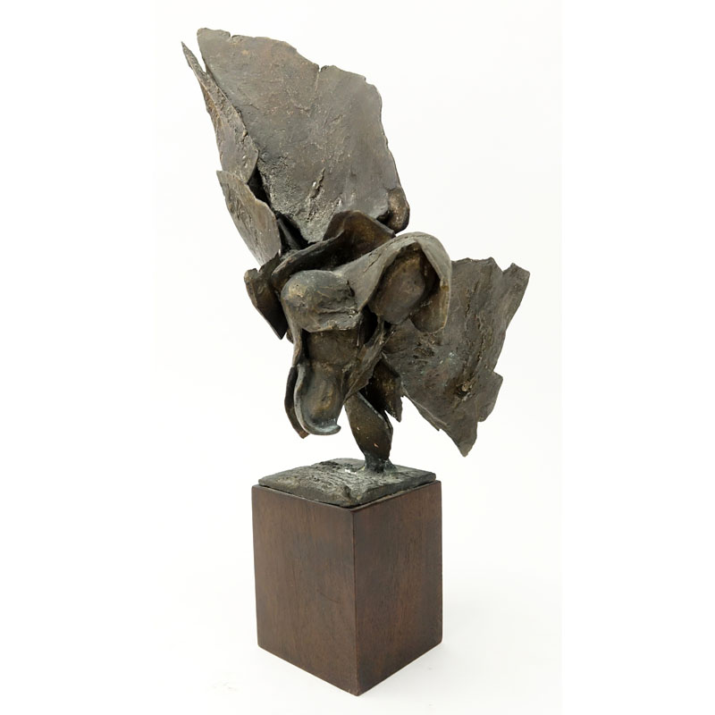 Mid Century Modern Abstract Bronze Sculpture on Wooden Base.