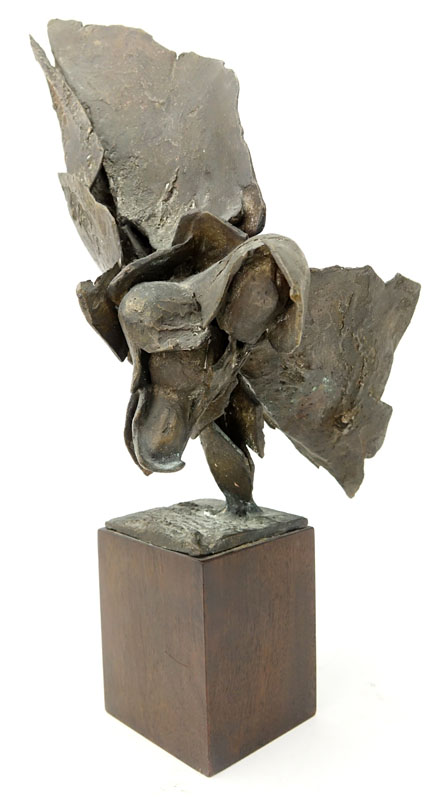 Mid Century Modern Abstract Bronze Sculpture on Wooden Base.