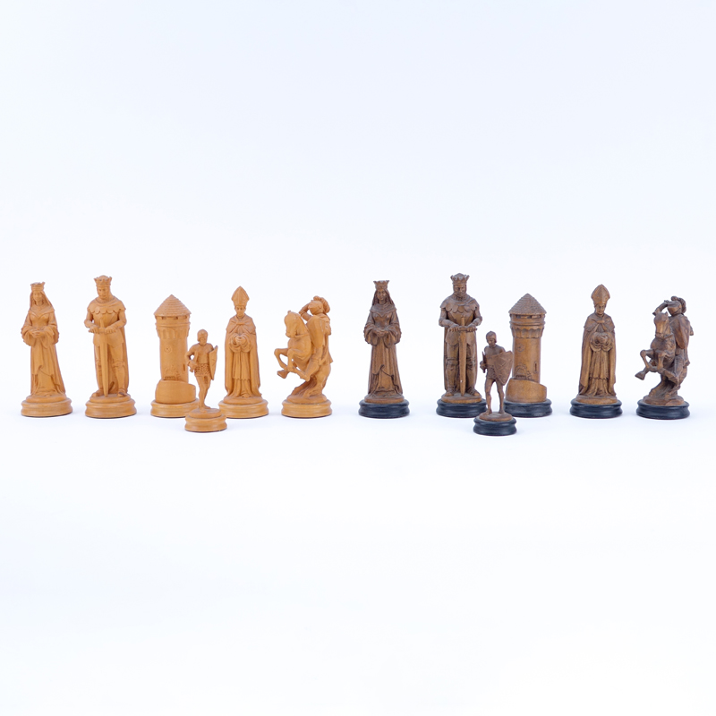 Vintage Anri Italy Carved Wood Figural Chess Set.