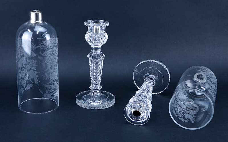 Pair Of Baccarat Crystal Candlesticks With Hurricane Shades Etched With Birds In Foliage.