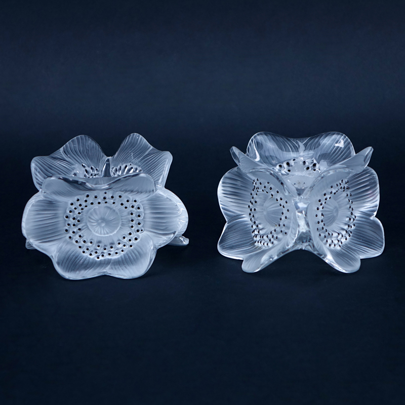 Pair Lalique Anemone Crystal Candleholders. Signed. Good condition.