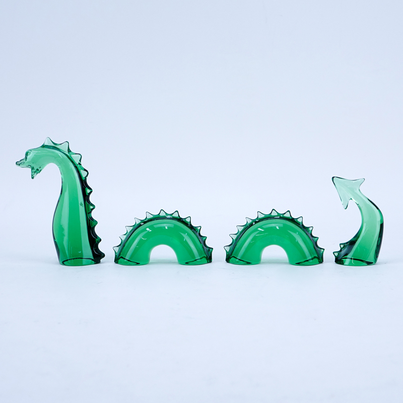 Baccarat Green Crystal Sea Serpent Figure. In four parts, each with Baccarat France acid stamp. 