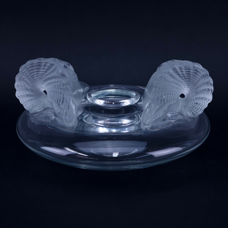 Large Lalique Crystal Low Vase. Two stylized frosted glass shell form handles flanking the opening of the clear vase.