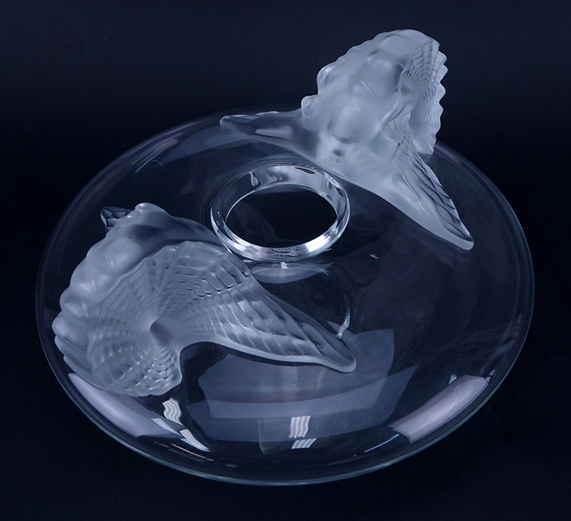 Large Lalique Crystal Low Vase. Two stylized frosted glass shell form handles flanking the opening of the clear vase.