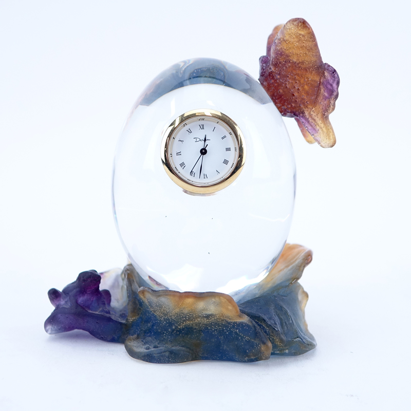 Daum France Pate de Verre Butterfly on Clear Egg Clock.