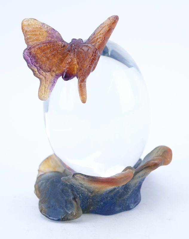 Daum France Pate de Verre Butterfly on Clear Egg Clock.