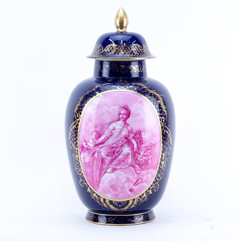 Continental Cobalt and Gilt Porcelain Covered Urn with Transferware Scenes.