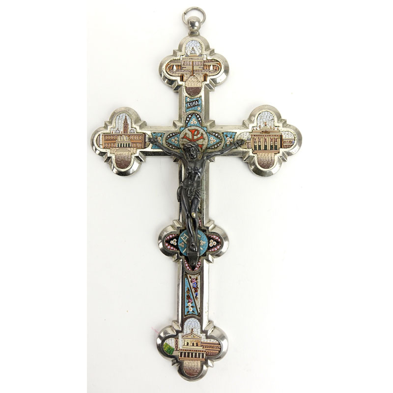 Antique Italian Silvered Bronze Micro Mosaic Crucifix Cross. Micro tiles showing the Vatican with applied brass Corpus.