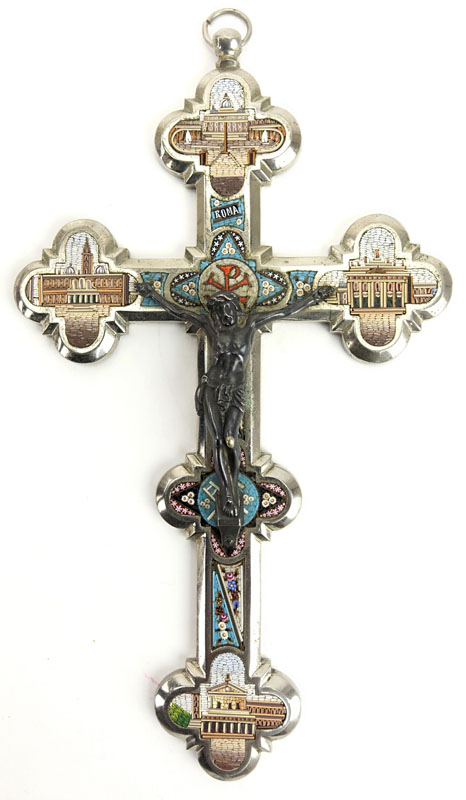 Antique Italian Silvered Bronze Micro Mosaic Crucifix Cross. Micro tiles showing the Vatican with applied brass Corpus.